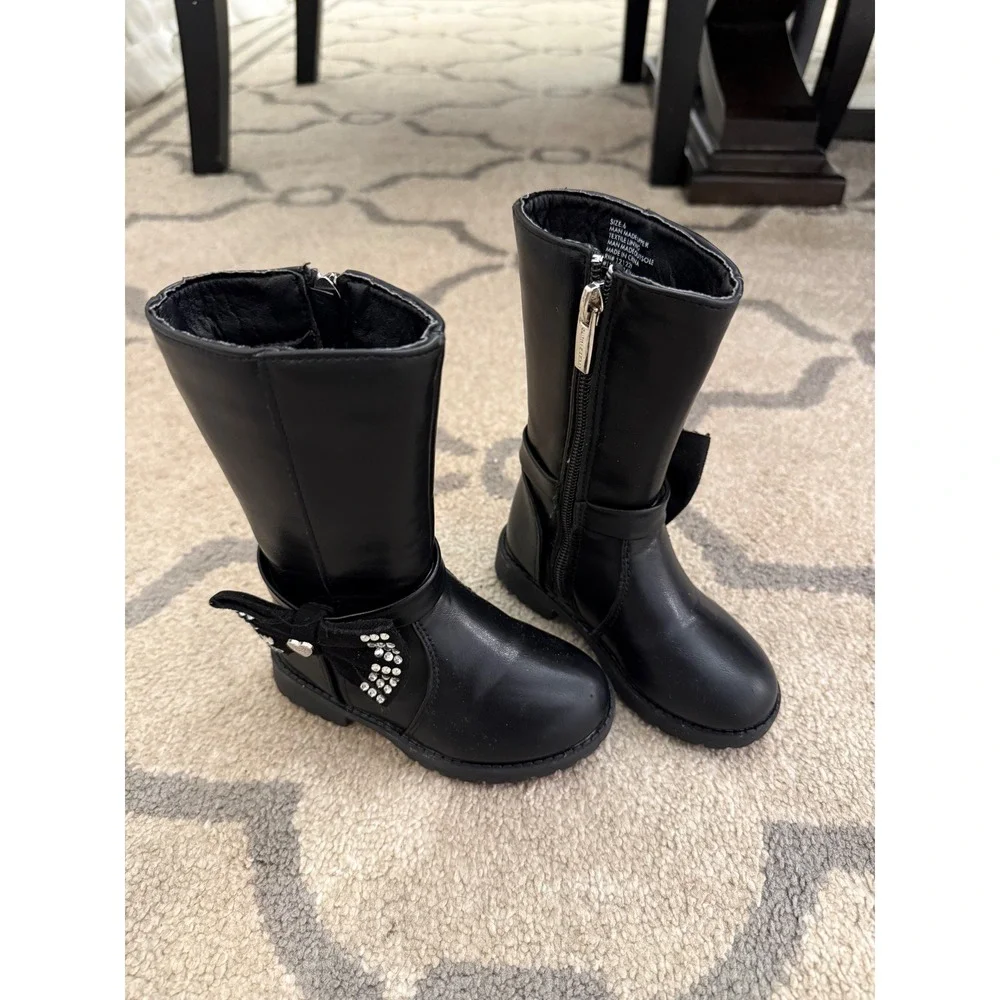Vince Camuto Girls Black Faux Leather Rhinestone Bow Tall Boots Size 6 Toddler